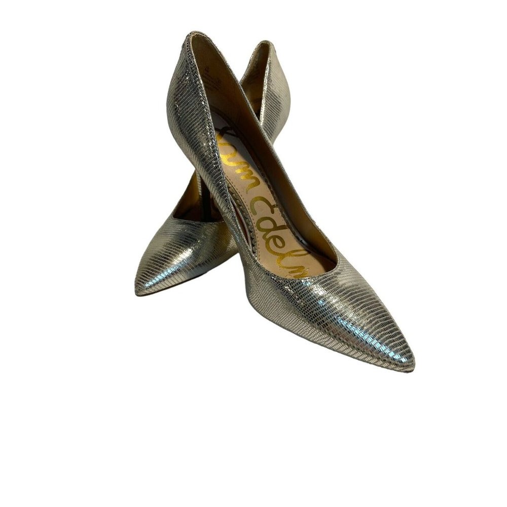 Sam Edelman Pumps Women Size 6 Silver Leather “Hazel” Snake Embossed 4” Heels